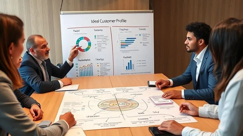A photorealistic, professional photography, 8K, cinematic lighting, sharp focus, depth of field, shot on a high-end DSLR, of a diverse group of business professionals around a conference table, intensely focused on a whiteboard filled with interconnected demographic and psychographic data points, clearly outlining an Ideal Customer Profile (ICP). One person points to a specific segment, indicating strategic focus.
