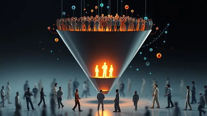 A photorealistic, professional photography, 8K, cinematic lighting, sharp focus, depth of field, shot on a high-end DSLR, of a dynamic 3D funnel graphic, visually representing the B2B lead qualification process. The top of the funnel shows many small, diverse figures, while the bottom narrows to a few larger, glowing figures, symbolizing the filtering and qualification of leads from social media into high-quality prospects. Data points and metrics float around the funnel, indicating measurement and optimization.