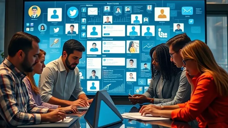 A photorealistic, professional photography, 8K, cinematic lighting, sharp focus, depth of field, shot on a high-end DSLR, of a diverse, professional business team collaborating around a large digital display showing interconnected social media profiles and engagement metrics. Each team member is actively contributing, some typing, others discussing, symbolizing the collective power of personal branding and team advocacy in B2B social media. The atmosphere is dynamic and collaborative.