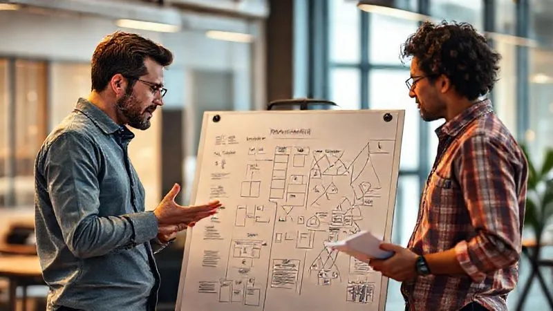 A photorealistic image showing a diverse startup founding team, three individuals, engaged in an intense but respectful discussion around a whiteboard covered in strategy diagrams. One founder gestures thoughtfully, another listens intently, and the third takes notes. The atmosphere is collaborative and focused, with warm, professional lighting. Sharp focus on the team, depth of field blurring the background of a modern office. 8K hyper-detailed, professional photography, shot on a high-end DSLR.