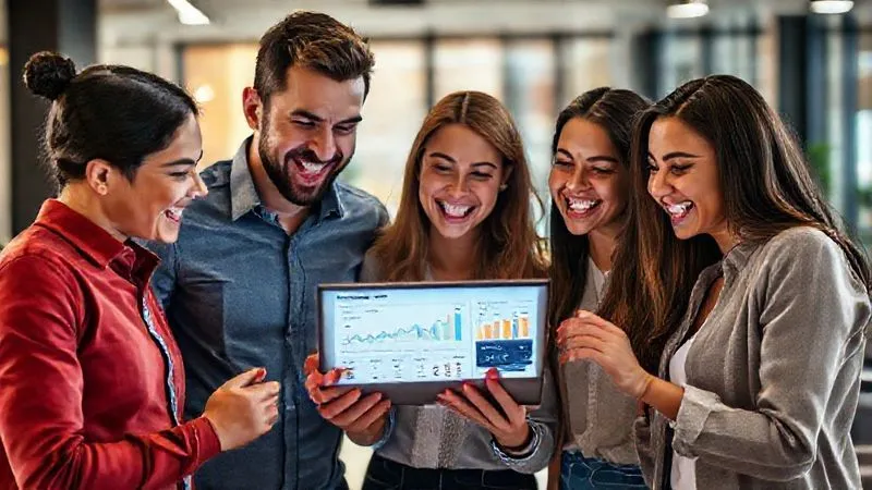 A photorealistic image of a diverse group of young professionals, two men and two women, excitedly gathered around a tablet, looking at analytics dashboards showing positive user engagement metrics like growth curves and high retention rates. Their expressions are optimistic and focused, reflecting successful product-market fit. The setting is a modern, collaborative workspace. Cinematic lighting, sharp focus on the tablet and faces, depth of field blurring the background. 8K hyper-detailed, professional photography, shot on a high-end DSLR.