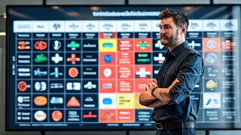 A photorealistic image of a founder, mid-thirties, standing in front of a large digital display showing a complex competitive analysis matrix with various company logos and market share data. The founder points to a specific segment, looking thoughtful and strategic, demonstrating a deep understanding of the competitive landscape. Professional, modern office environment, cinematic lighting, sharp focus on the founder and the screen. 8K hyper-detailed, professional photography, shot on a high-end DSLR.