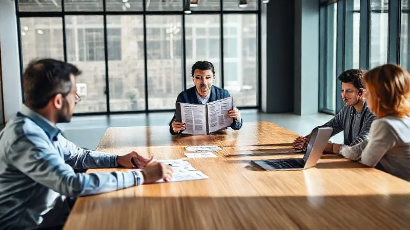 A photorealistic image of a startup founder, mid-thirties, sitting across a large conference table from two venture capitalists. The founder is confidently presenting a well-organized folder of documents, while the VCs review a spreadsheet on a laptop. The scene exudes professionalism and transparency, with natural light streaming through large windows. Sharp focus on the documents and faces, depth of field blurring the modern office background. 8K hyper-detailed, professional photography, shot on a high-end DSLR.