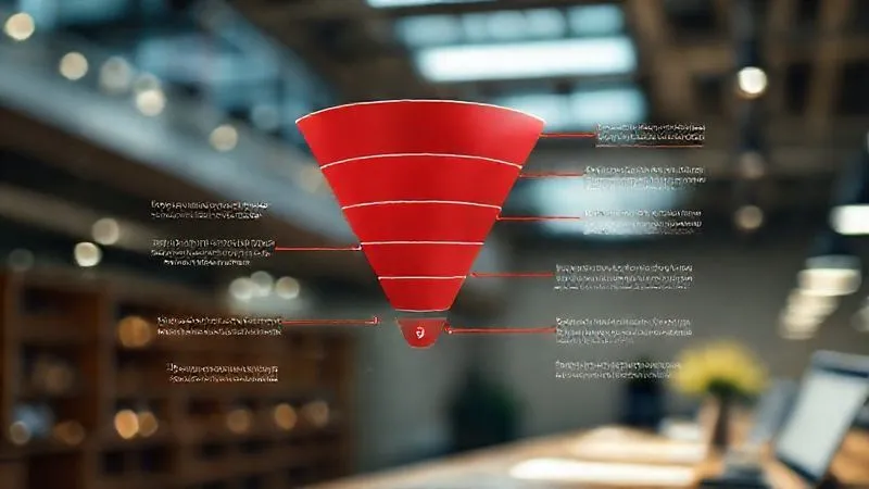 A photorealistic, professional image of a brightly lit, complex sales funnel diagram with specific stages highlighted in red, indicating blockages. Cinematic lighting, sharp focus on the funnel, depth of field blurring the background, 8K hyper-detailed, shot on a high-end DSLR.