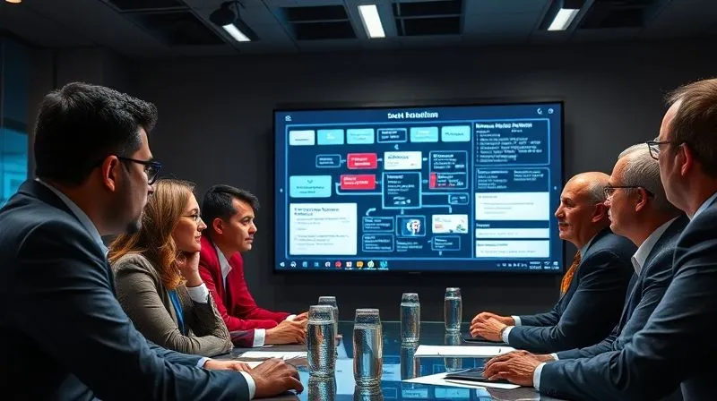 A photorealistic image of a diverse group of executives and PR specialists in a modern 'war room' setting, intensely focused on a large digital screen displaying a communication strategy flow chart and social media monitoring tools. Their expressions convey strategic thinking and determination to manage public perception transparently. Professional photography, 8K, cinematic lighting, sharp focus on the team and screen, depth of field, shot on a high-end DSLR.