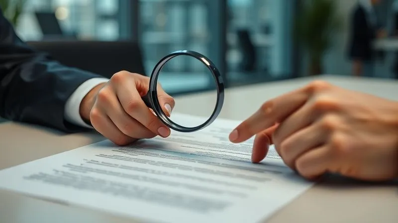 A photorealistic image showing two hands, one holding a magnifying glass over a contract, the other pointing to a specific clause, symbolizing careful scrutiny and potential disagreement over terms. The setting is a modern, well-lit office. Cinematic lighting, sharp focus, depth of field. 8K hyper-detailed, professional photography.