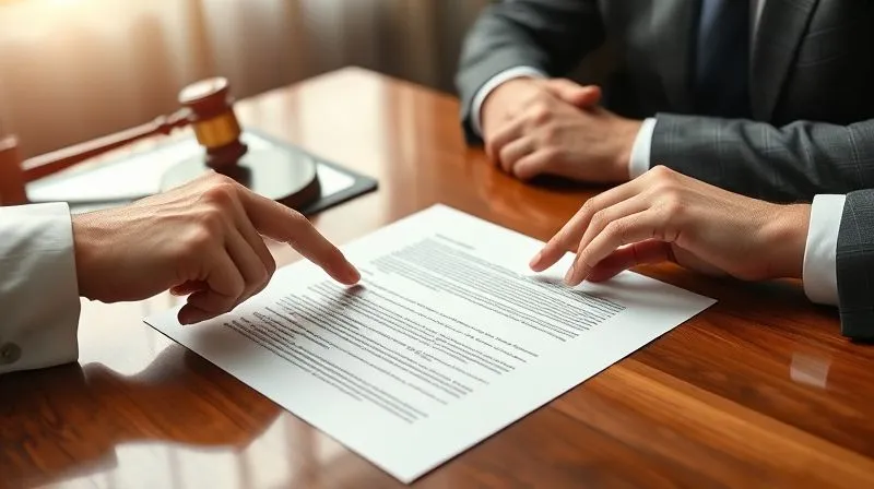 A photorealistic image of a legal professional's hands pointing to a specific clause in a contract laid out on a polished wooden desk, with a client looking on thoughtfully. A gavel is subtly in the background. Cinematic lighting, sharp focus on the contract and hands, depth of field blurring the background. 8K hyper-detailed, professional photography.
