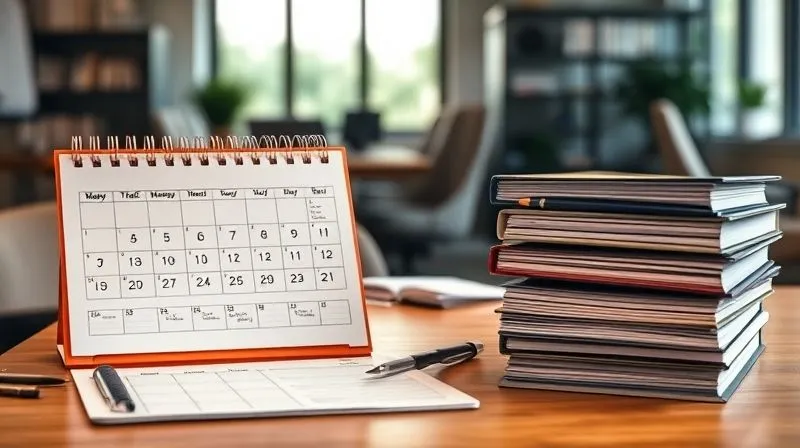 A photorealistic image of a meticulously organized desk with a calendar, project planner, and several neatly stacked contract binders, symbolizing proactive planning and prevention. Soft, professional lighting, sharp focus on the organized elements, depth of field blurring a background office. 8K hyper-detailed, professional photography.
