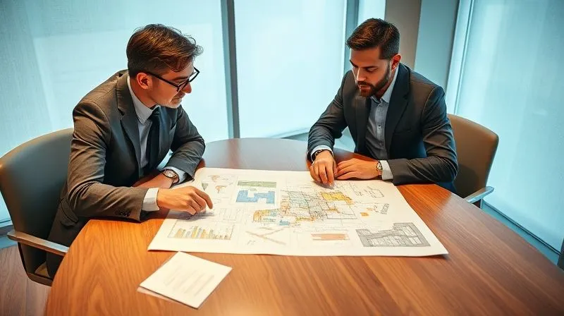 A photorealistic image of a consultant and client at a meeting table, with a project plan spread out, both pointing at different sections, a sense of constructive negotiation and problem-solving. Professional photography, 8K, cinematic lighting, sharp focus, depth of field, shot on a high-end DSLR.