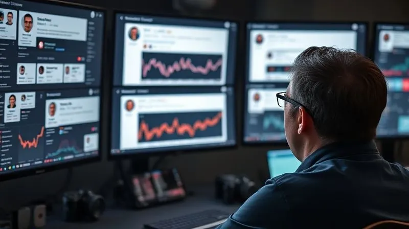 A photorealistic, professional photography, 8K, cinematic lighting, sharp focus, depth of field, shot on a high-end DSLR of a person intently watching multiple screens displaying social media feeds with real-time analytics, showing a spike in negative sentiment, representing aggressive monitoring.