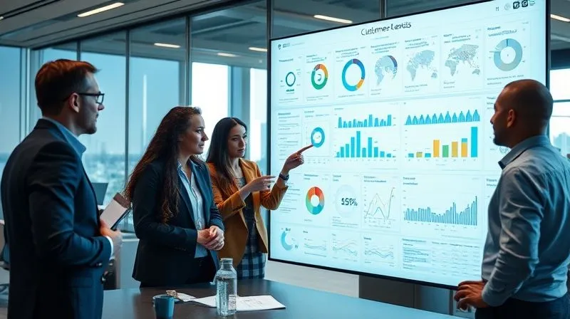 A photorealistic, professional photography, 8K, cinematic lighting, sharp focus, depth of field, shot on a high-end DSLR of a business team in a modern office, gathered around a large transparent screen displaying complex data visualizations, charts, and graphs related to customer feedback and sentiment analysis, pointing at key insights.