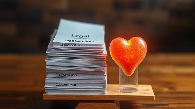 A photorealistic, professional photography, 8K, cinematic lighting, sharp focus, depth of field, shot on a high-end DSLR of a balanced scale, with a stack of legal documents on one side labeled 'Legal Compliance' and a glowing heart on the other labeled 'Customer Trust', symbolizing the delicate balance between legalities and ethical customer relations.