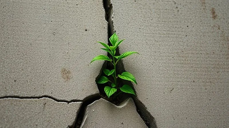 A photorealistic, professional photography, 8K, cinematic lighting, sharp focus, depth of field, shot on a high-end DSLR of a resilient plant growing vigorously through a crack in a concrete wall, symbolizing growth and opportunity emerging from a difficult situation or crisis.