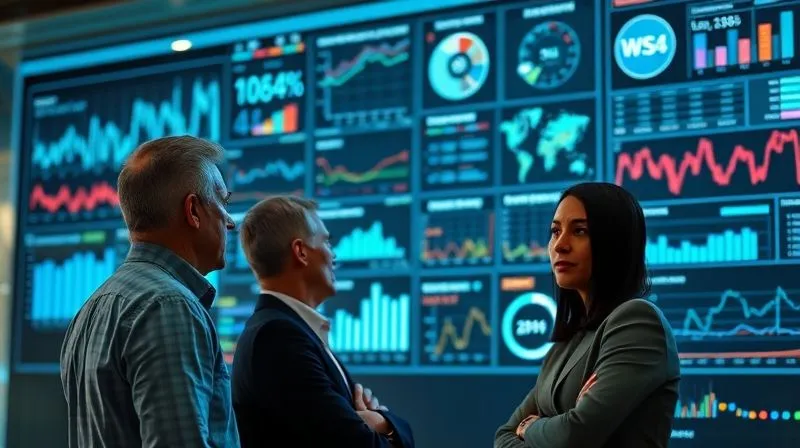 A photorealistic, professional photograph of a diverse group of business executives intently analyzing a complex data dashboard projected onto a glass wall, with various charts and graphs representing market shifts and competitor analysis. 8K, cinematic lighting, sharp focus on the data, depth of field, shot on a high-end DSLR.