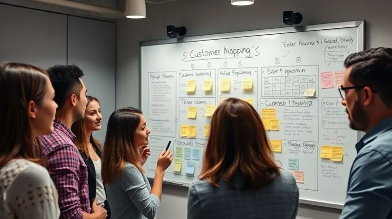 A photorealistic image of a diverse team of business professionals brainstorming around a whiteboard filled with sticky notes and diagrams, focused on customer journey mapping and value proposition canvases. Professional photography, 8K, cinematic lighting, sharp focus on the whiteboard, depth of field, shot on a high-end DSLR.