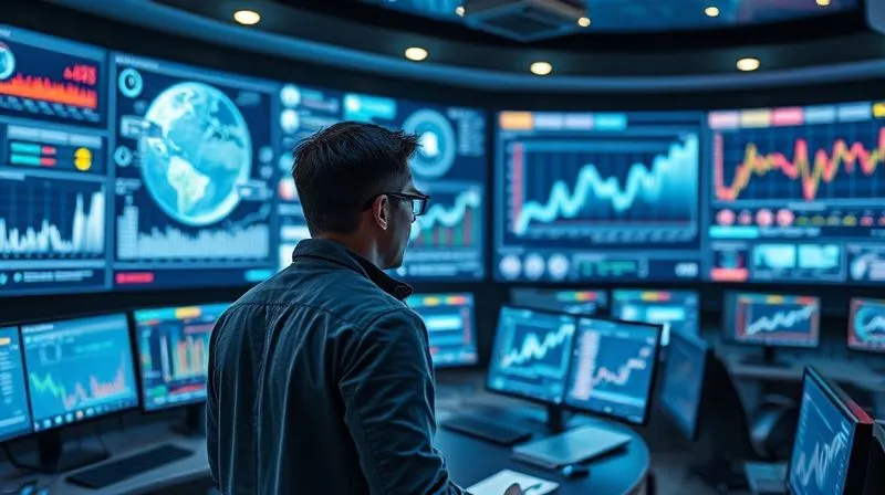 A photorealistic image of a futuristic control room with multiple holographic screens displaying complex data visualizations, predictive analytics models, and real-time market trends. A focused data scientist is interacting with the displays. Professional photography, 8K, cinematic lighting, sharp focus on the holograms, depth of field, shot on a high-end DSLR.