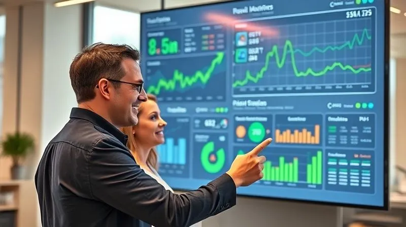 photorealistic, professional photography, 8K, cinematic lighting, sharp focus, depth of field, shot on a high-end DSLR. A digital dashboard displaying various business metrics and KPIs on a large screen in a modern office. Green arrows indicating positive trends, clear charts and graphs. A consultant and a franchisee are looking at the screen with satisfied expressions, pointing to a positive data point. Bright, optimistic lighting. photorealistic, professional photography, 8K, cinematic lighting, sharp focus, depth of field, shot on a high-end DSLR. A digital dashboard displaying various business metrics and KPIs on a large screen in a modern office. Green arrows indicating positive trends, clear charts and graphs. A consultant and a franchisee are looking at the screen with satisfied expressions, pointing to a positive data point. Bright, optimistic lighting.