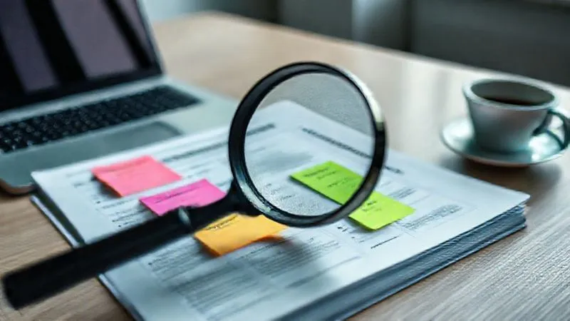 A photorealistic image of a magnifying glass hovering over a detailed franchise operations manual, with various colored sticky notes highlighting specific sections. The background is a slightly blurred office desk with a laptop and coffee. Professional photography, 8K, cinematic lighting, sharp focus on the magnifying glass and manual, depth of field. Shot on a high-end DSLR.