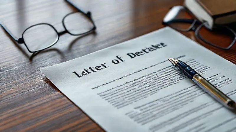A photorealistic image of a formal letter on a polished wooden desk, with a pen and a pair of reading glasses nearby. The letter's title is clearly visible as 'Letter of Default' or 'Cure Notice', with blurred text indicating legal clauses. The lighting is professional and subdued, emphasizing the seriousness of the document. Professional photography, 8K, cinematic lighting, sharp focus on the letter, depth of field. Shot on a high-end DSLR.