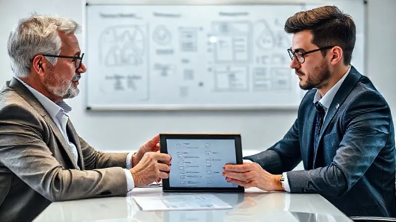 A photorealistic image of two business professionals, one clearly a mentor (older, more experienced looking) and one a mentee (younger, attentive), sitting at a modern desk with a tablet displaying a compliance checklist. They are engaged in a constructive conversation, with a whiteboard in the background showing strategy diagrams. Professional photography, 8K, cinematic lighting, sharp focus on the individuals and tablet, depth of field. Shot on a high-end DSLR.