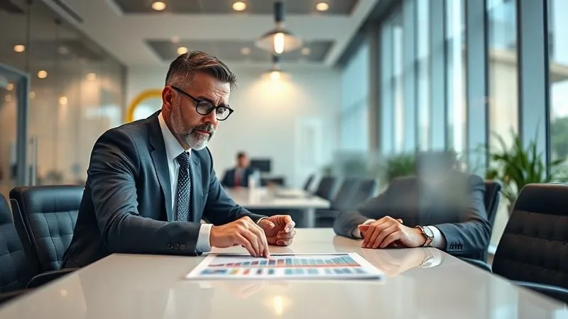 A photorealistic, professional photography image of two business people, one a franchisor and the other a franchisee, sitting at a modern conference table, engaged in a serious but constructive dialogue. They are looking at a tablet displaying graphs, with a shared focus. The room is well-lit, showing professionalism and a collaborative atmosphere. 8K, cinematic lighting, sharp focus on their faces and the tablet, depth of field blurring the background, shot on a high-end DSLR.