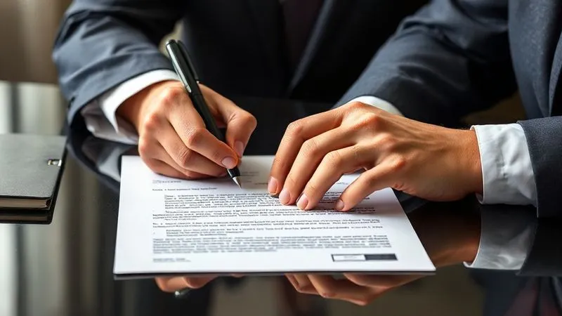 A photorealistic, professional photography image of a pair of hands, one clad in a pristine business suit, the other in a slightly worn work uniform, formally signing a legal document with a pen. The document is clearly a contract or termination notice, laid out on a dark, polished desk. The lighting is crisp and professional, highlighting the gravity of the moment. 8K, cinematic lighting, sharp focus on the hands and the document, depth of field blurring the background, shot on a high-end DSLR.