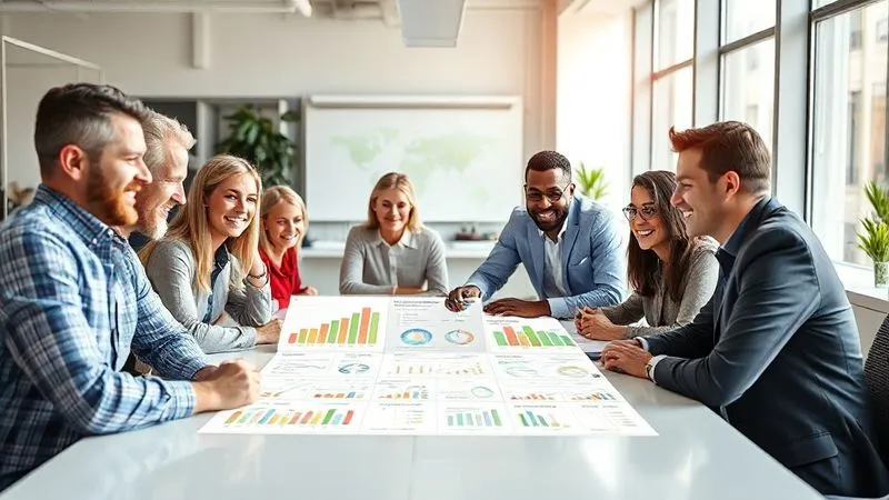 A photorealistic, professional photography image of a diverse group of franchisees and franchisor representatives, smiling and collaborating around a large table, looking at a shared digital dashboard displaying positive performance metrics and brand consistency. The atmosphere is vibrant and supportive, with natural light flooding the modern office. 8K, cinematic lighting, sharp focus on the group's faces, depth of field blurring the background, shot on a high-end DSLR.