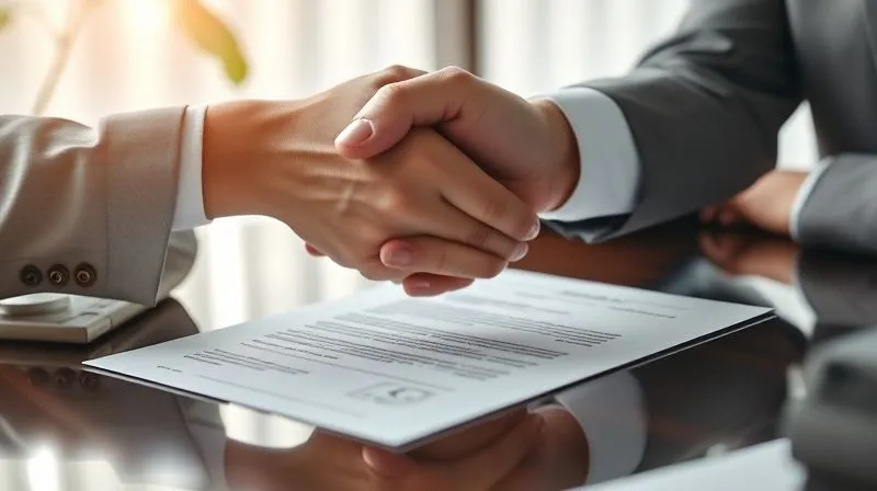 Photorealistic image of two professional hands firmly shaking over a signed document on a polished desk, symbolizing a renewed agreement and commitment. The document has blurred text, focus on the handshake, depth of field, cinematic lighting, 8K hyper-detailed, professional photography, shot on a high-end DSLR.