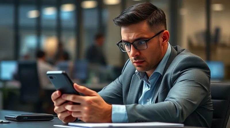 Photorealistic, professional photography, 8K, cinematic lighting, sharp focus, depth of field, shot on a high-end DSLR. A business professional looking intently at their phone with a concerned expression, sitting at a modern desk with a blurred background of office activity, conveying urgency and serious focus.