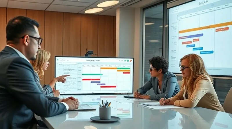Photorealistic, professional photography, 8K, cinematic lighting, sharp focus, depth of field, shot on a high-end DSLR. A diverse group of business professionals gathered around a large table, pointing at a Gantt chart displayed on a large screen, engaged in intense discussion and problem-solving, with a sense of focused determination.