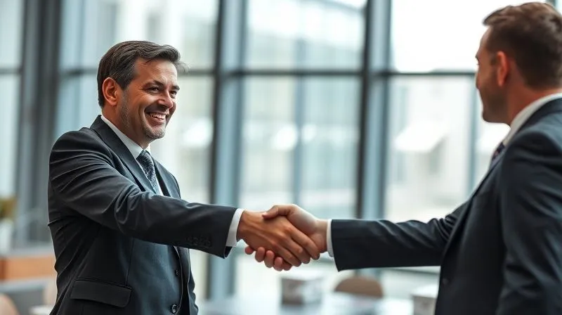 Photorealistic, professional photography, 8K, cinematic lighting, sharp focus, depth of field, shot on a high-end DSLR. A handshake between two business professionals, one with a slight smile and the other with a look of genuine relief and renewed confidence, in a brightly lit, modern office setting, symbolizing a restored partnership.