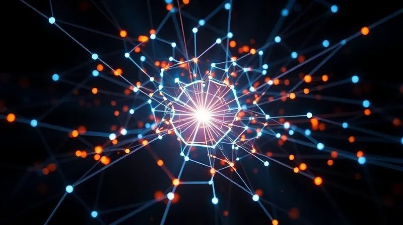 Photorealistic, professional photography, 8K, cinematic lighting, sharp focus, depth of field, shot on a high-end DSLR. A complex, interconnected network of glowing lines and nodes representing data and relationships, converging towards a central, brightly lit core, symbolizing growth and strategic insight emerging from challenges, set against a dark, futuristic background.