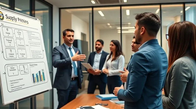 A photorealistic, professional photography, 8K, cinematic lighting, sharp focus, depth of field, shot on a high-end DSLR, depicting a diverse group of business professionals in a modern conference room, engaged in an interactive training session. One person is gesturing towards a whiteboard with a complex supply chain diagram, while others are actively participating, conveying collaboration and knowledge transfer in a crisis preparedness context. A photorealistic, professional photography, 8K, cinematic lighting, sharp focus, depth of field, shot on a high-end DSLR, depicting a diverse group of business professionals in a modern conference room, engaged in an interactive training session. One person is gesturing towards a whiteboard with a complex supply chain diagram, while others are actively participating, conveying collaboration and knowledge transfer in a crisis preparedness context.