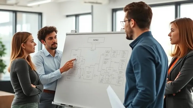 photorealistic, professional photography, 8K, cinematic lighting, sharp focus, depth of field, shot on a high-end DSLR, a diverse team of professionals in a modern, sunlit office, one person at a whiteboard pointing at a complex flowchart diagram, others looking on with engaged expressions, depicting problem-solving and collaboration, a sense of analytical thought. photorealistic, professional photography, 8K, cinematic lighting, sharp focus, depth of field, shot on a high-end DSLR, a diverse team of professionals in a modern, sunlit office, one person at a whiteboard pointing at a complex flowchart diagram, others looking on with engaged expressions, depicting problem-solving and collaboration, a sense of analytical thought.