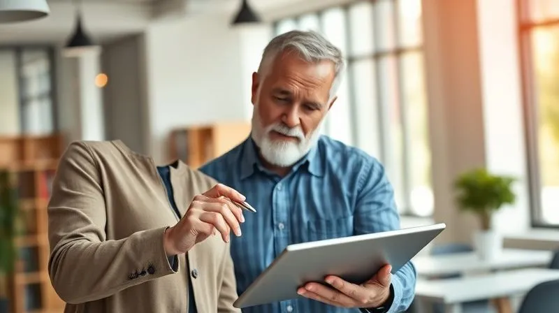 photorealistic, professional photography, 8K, cinematic lighting, sharp focus, depth of field, shot on a high-end DSLR, a small business owner and an employee collaboratively reviewing a document on a sleek tablet, a pen in the owner's hand pointing at a section, both with focused and positive expressions, a bright, modern office background, symbolizing a shared commitment to a plan. photorealistic, professional photography, 8K, cinematic lighting, sharp focus, depth of field, shot on a high-end DSLR, a small business owner and an employee collaboratively reviewing a document on a sleek tablet, a pen in the owner's hand pointing at a section, both with focused and positive expressions, a bright, modern office background, symbolizing a shared commitment to a plan.