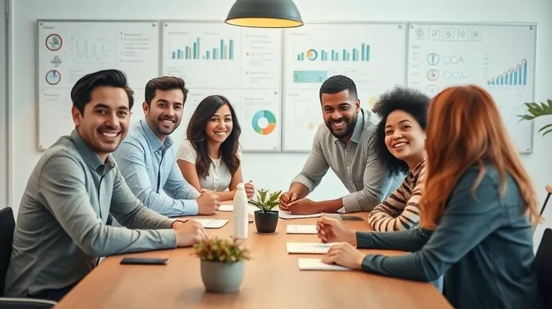 photorealistic, professional photography, 8K, cinematic lighting, sharp focus, depth of field, shot on a high-end DSLR, a diverse group of small business employees actively collaborating around a large table in a bright, modern office, smiling and engaged, with whiteboards displaying ideas and charts in the background, conveying a sense of high performance, teamwork, and positive energy. photorealistic, professional photography, 8K, cinematic lighting, sharp focus, depth of field, shot on a high-end DSLR, a diverse group of small business employees actively collaborating around a large table in a bright, modern office, smiling and engaged, with whiteboards displaying ideas and charts in the background, conveying a sense of high performance, teamwork, and positive energy.