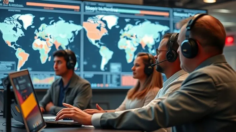 photorealistic, professional photography, 8K, cinematic lighting, sharp focus, depth of field, shot on a high-end DSLR, a diverse crisis management team intensely focused on a large digital screen displaying supply chain maps and real-time data, with team members communicating via headsets, conveying urgency and collaborative problem-solving, emotionally resonant.