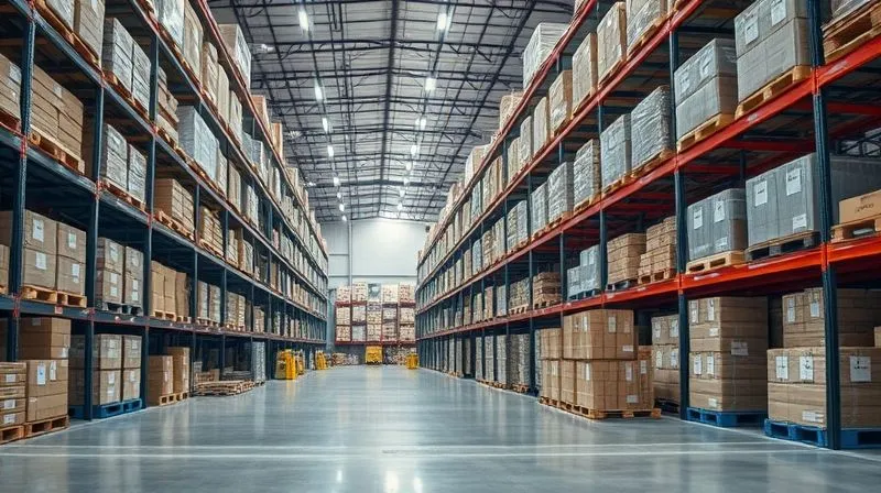 photorealistic, professional photography, 8K, cinematic lighting, sharp focus, depth of field, shot on a high-end DSLR, a modern, organized warehouse with automated systems, showing a clear distinction between leanly stocked shelves and strategically placed, well-identified safety stock pallets for critical components, conveying efficient inventory management and preparedness, emotionally resonant.
