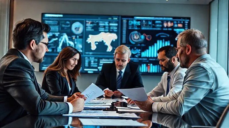 A photorealistic image of a legal team intently reviewing documents in a modern, well-lit conference room, with a large monitor displaying complex data visualizations, cinematic lighting, sharp focus on the team and documents, depth of field blurring the background, 8K hyper-detailed, professional photography, shot on a high-end DSLR. A photorealistic image of a legal team intently reviewing documents in a modern, well-lit conference room, with a large monitor displaying complex data visualizations, cinematic lighting, sharp focus on the team and documents, depth of field blurring the background, 8K hyper-detailed, professional photography, shot on a high-end DSLR.