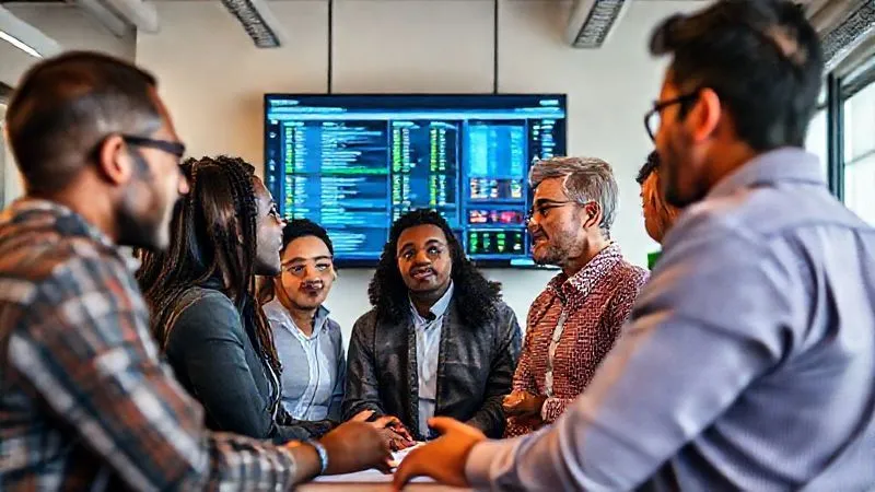 A diverse team of professionals in a modern office huddle, looking intently at a large screen displaying customer data and communication logs, conveying urgency and collaboration. Photorealistic, professional photography, 8K, cinematic lighting, sharp focus, depth of field, shot on a high-end DSLR. A diverse team of professionals in a modern office huddle, looking intently at a large screen displaying customer data and communication logs, conveying urgency and collaboration. Photorealistic, professional photography, 8K, cinematic lighting, sharp focus, depth of field, shot on a high-end DSLR.