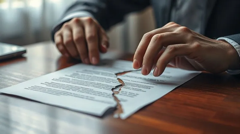 A photorealistic close-up of a torn legal document, with blurred hands attempting to piece it back together on a polished wooden table. Dramatic overhead lighting, sharp focus on the tear, 8K, professional photography, depth of field.