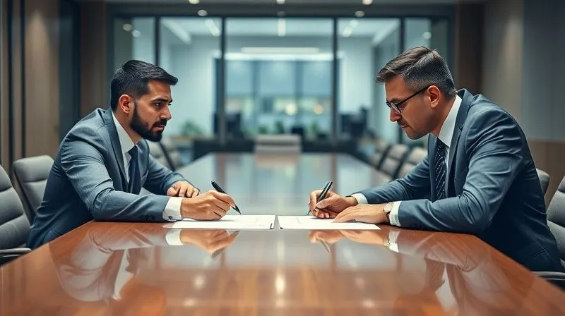 A photorealistic image of a tense meeting between two business partners across a large, polished conference table. One partner is holding a pen over a document, the other looks concerned. The room is modern, with soft, professional lighting. Sharp focus on the partners, depth of field blurring the background, 8K, professional photography.