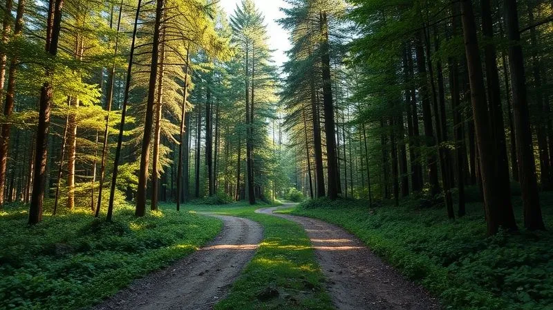 A photorealistic image of a crossroads in a dense forest, with sunlight filtering through the trees onto two distinct paths. One path is well-trodden and leads to a bright clearing, the other is overgrown and shadowy. Sharp focus on the path ahead, 8K, professional photography, depth of field.