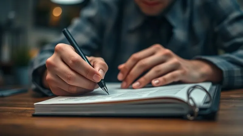 A photorealistic image of a person meticulously writing notes in a physical journal, with a blurred background of a dimly lit office. Focus on the pen and paper, conveying careful documentation. 8K, cinematic lighting, sharp focus, depth of field, shot on a high-end DSLR.
