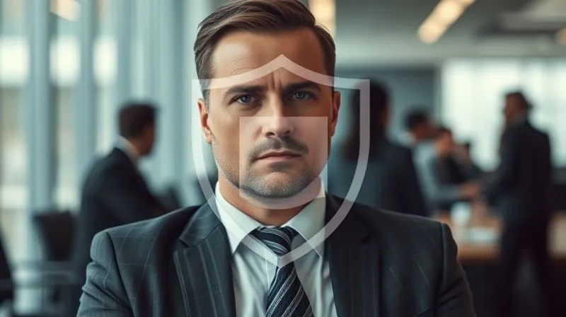 A photorealistic image of a subtle, protective shield symbol superimposed over a professional person in a corporate setting, suggesting legal protection for whistleblowers. The person looks determined but cautious. 8K, cinematic lighting, sharp focus, depth of field, shot on a high-end DSLR.
