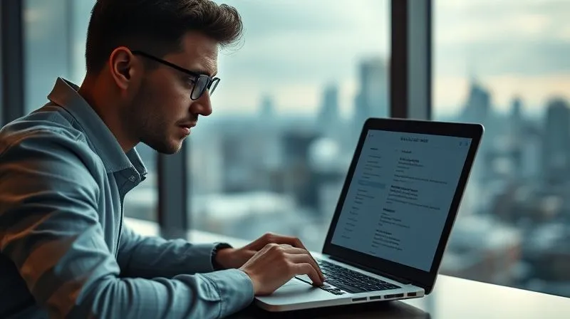 A photorealistic image of a person thoughtfully updating their resume on a laptop, with a professional yet serene expression. A subtle background of a blurred city skyline suggests future opportunities. 8K, cinematic lighting, sharp focus, depth of field, shot on a high-end DSLR.
