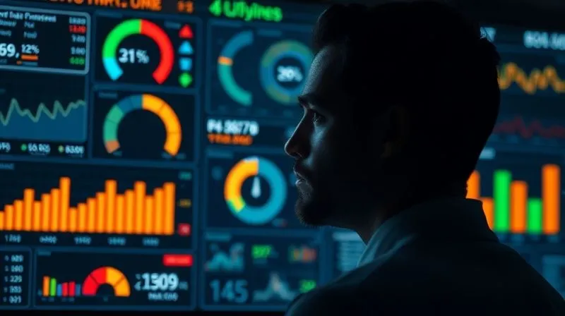 photorealistic, professional photography, 8K, cinematic lighting, sharp focus, depth of field, shot on a high-end DSLR. A detailed, illuminated dashboard displaying various business metrics and KPIs, with some indicators showing 'red' or 'below target' while others show 'green'. The screen is slightly reflective, showing a blurred silhouette of a thoughtful business person. The overall mood is serious and analytical.