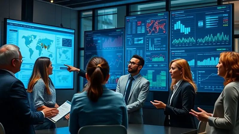 photorealistic, professional photography, 8K, cinematic lighting, sharp focus, depth of field, shot on a high-end DSLR. A diverse group of business professionals engaged in an intense, data-driven discussion around a large screen displaying complex charts and graphs. One person points to a specific data point, while others listen intently, some taking notes. The room has a modern, analytical feel.