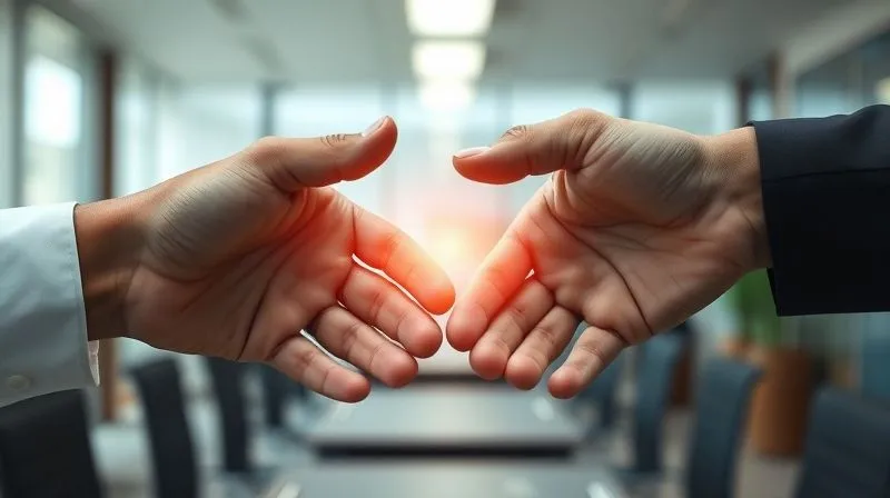 photorealistic, professional photography, 8K, cinematic lighting, sharp focus, depth of field, shot on a high-end DSLR. Two distinct, strong hands, one pulling away from the other, symbolizing a controlled and respectful separation. There's a subtle, almost ethereal glow around the hands, suggesting a strategic decision rather than conflict. The background is a softly blurred, professional office setting.