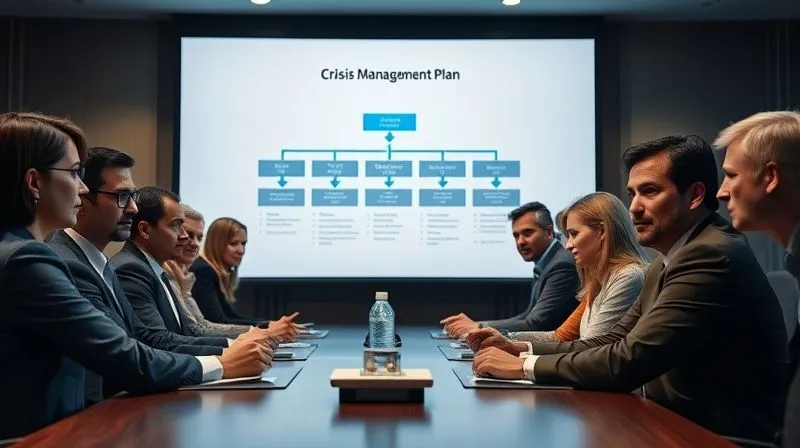 A photorealistic, professional photography, 8K image of a diverse corporate team gathered around a conference table, looking serious but determined, with a large screen displaying a 'Crisis Management Plan' flow chart. Cinematic lighting, sharp focus on the team, depth of field, shot on a high-end DSLR.